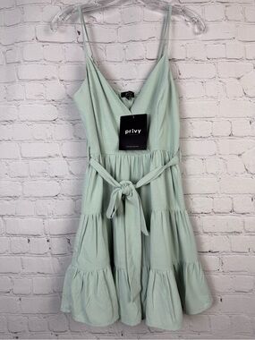PRIVY mint green tiered spaghetti strap lightweight lined dress NEW, size S